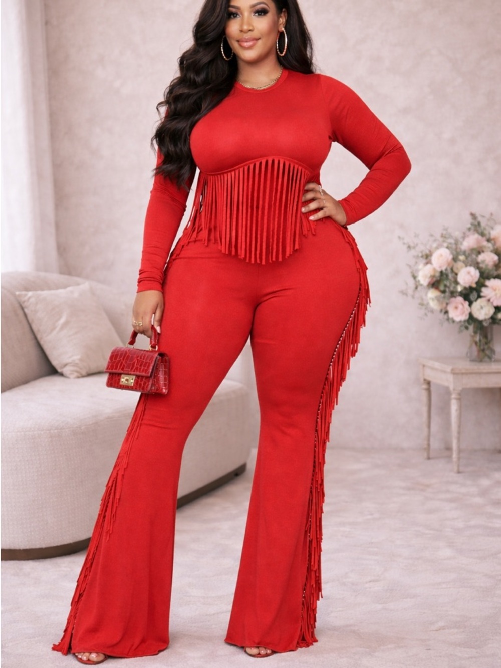 Plus Size Red Fringe Two-Piece Jumpsuit Set